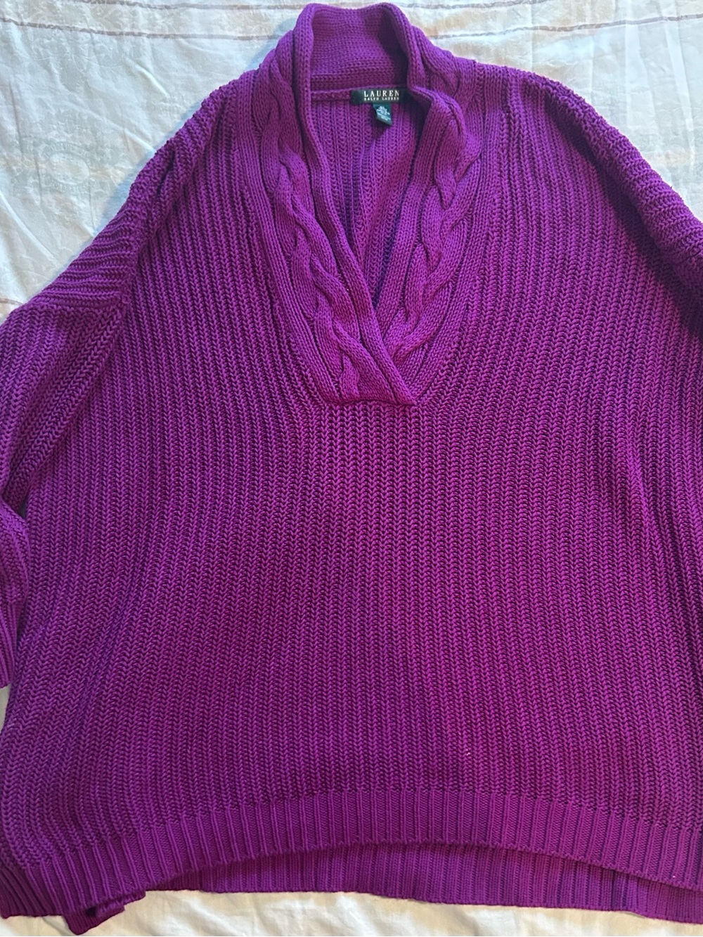 Lauren Ralph Lauren Magenta Cable-Trim Chunky V-Neck Sweater XXL 2X